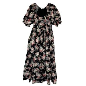 Sofie the Label Black Floral Cotton Eyelet Tiered Puff Sleeve Maxi Dress S